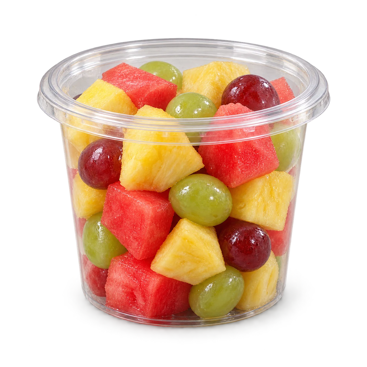 Illustrative clear tub filled with freshly cut watermelon, pineapple, and grapes
