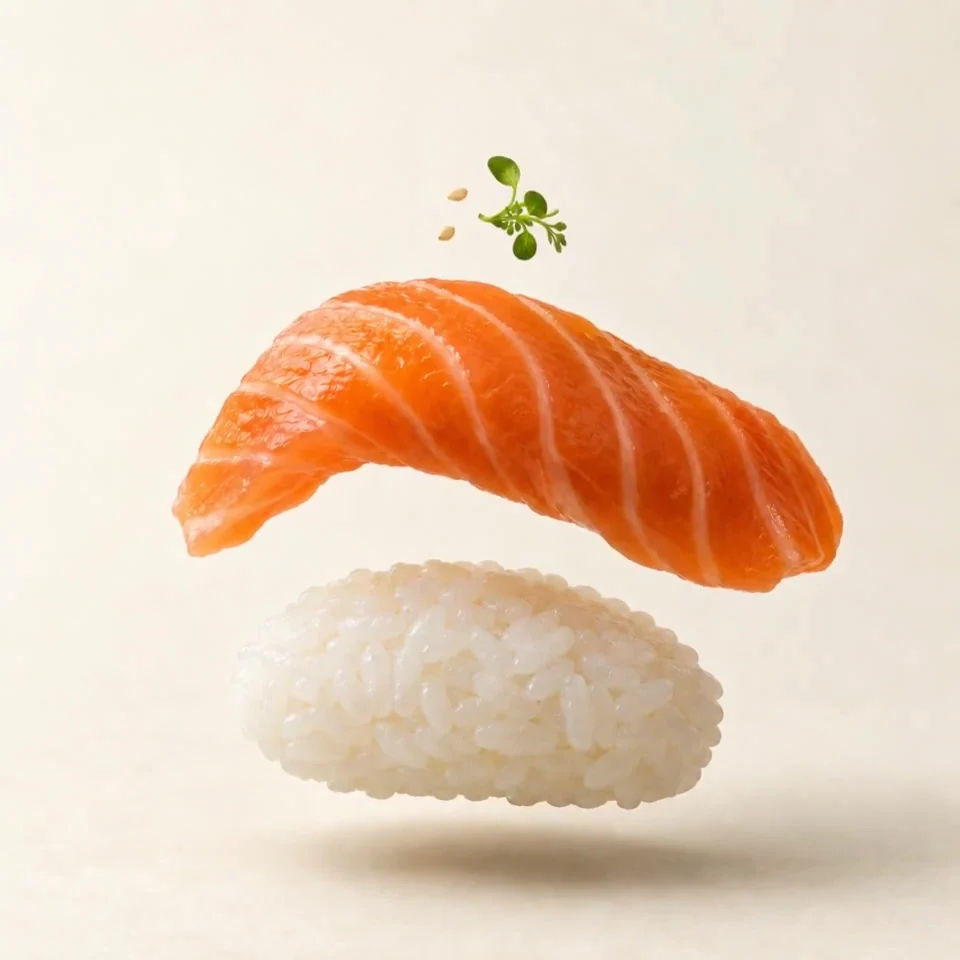 Fresh salmon, seasoned rice, and garnish form the layers of one carefully made sushi piece.